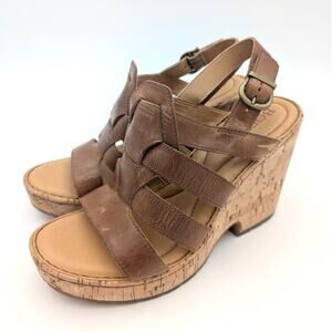 Born Bernese Cage Leather Platform Cork Wedge Sandal Brown Women's Size US9M